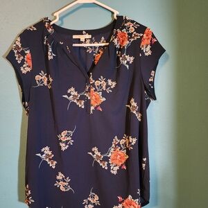 Navy Floral Split-V Neck Cap Sleeve Blouse